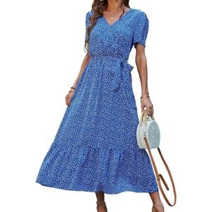 Bright Blue Floral Tie Maxi Dress - XXL - PRETTYGARDEN